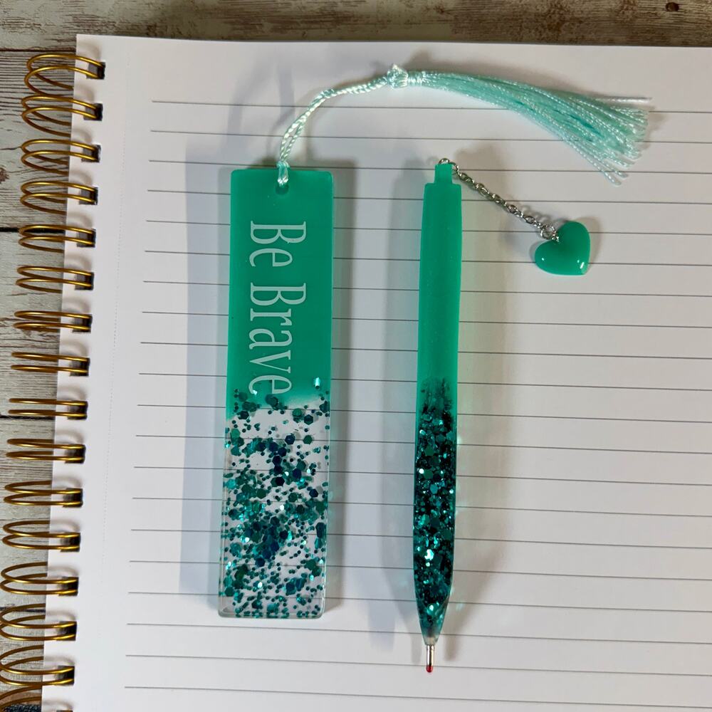 Be Brave Teal Glitter Resin Bookmark & Matching Pen Set